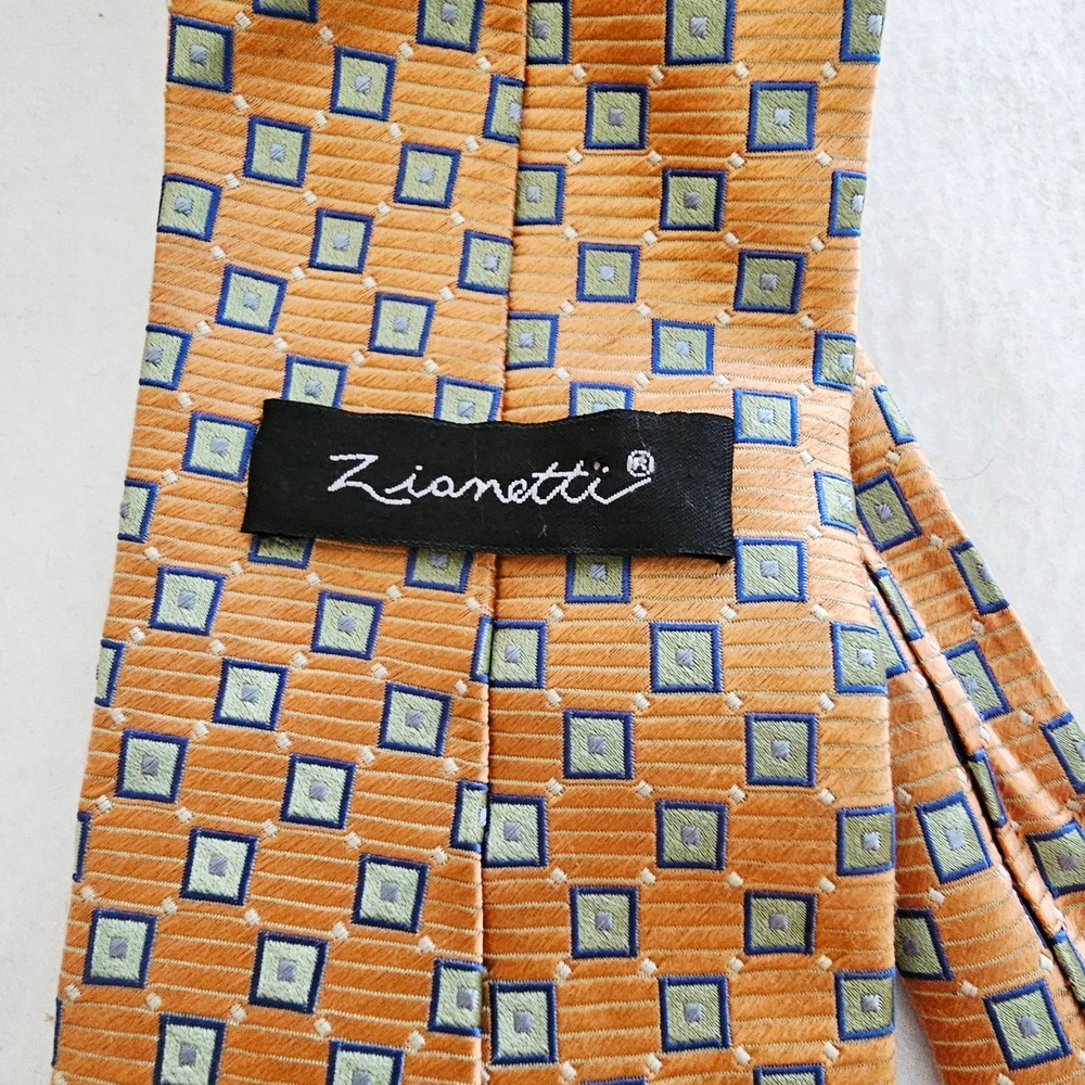 Zianetti Mens Silk Necktie Orange Blue Green Geometric Square Pattern Silk Tie - Picture 3 of 4